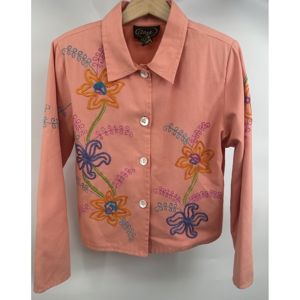 Vintage Alex‎ Kim Jacket Button Down Embroidered Flowers Women's Size Medium